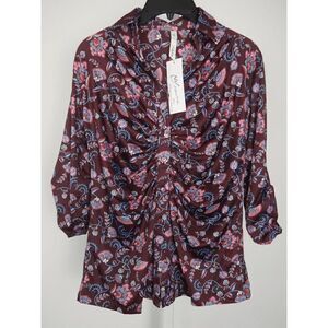 NY Collection Women's Petite 3/4 Roll Tab Rouched-Front Top Floral PS